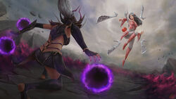  2girls armor back battle black_hair breastplate breasts cheesewoo debris energy_ball faulds fighting_stance fingerless_gloves fire firing floating floating_hair floating_object floating_sword floating_weapon from_behind full_body glaring gloves hair_ornament hair_through_headwear helmet highres irelia jumping league_of_legends leather_armor leather_skirt long_hair looking_at_another magic multiple_girls on_one_knee outstretched_arm purple_nails red_armor rubble shoulder_armor signature smoke sword syndra vambraces weapon white_hair winged_helmet 