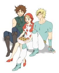  2boys apron bandana bare_shoulders battle_tendency blonde_hair blush boots box brown_hair caesar_anthonio_zeppeli dress drooling facial_mark female fingerless_gloves food gloves green_eyes jojo_no_kimyou_na_bouken joseph_joestar joseph_joestar_(young) kazuo_(kaduooooo) multiple_boys polka_dot polka_dot_apron red_dress sandwich suzi_q 