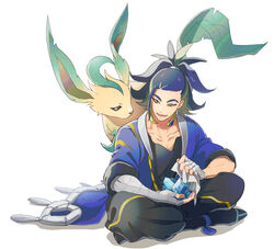  1boy adaman_(pokemon) bandaged_arm bandaged_hand bandages blonde_hair blue_coat blue_hair brown_eyes coat collarbone crystal eyebrow_cut holding jewelry leafeon male_focus multicolored_hair neck_ring pokemon pokemon_(creature) pokemon_legends:_arceus sitting smile sukehige 