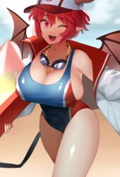  asymmetrical_bangs baseball_cap beach beach_umbrella blurry blurry_background breasts cleavage competition_swimsuit demon_girl dress feet_out_of_frame female guardian_tales hat highres holding jacket korean_commentary large_breasts lifeguard_yuze looking_at_viewer manjin512 one-piece_swimsuit one_eye_closed open_clothes open_jacket open_mouth pointy_ears red_eyes red_hair red_wings short_hair swimsuit thighs tight_clothes tight_dress umbrella wings 