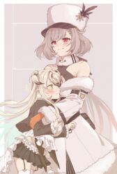  2girls armband arrow_(symbol) bad_id bad_pixiv_id belt belt_pouch blonde_hair blush border breasts brown_hair cleavage coat cowboy_shot desert_eagle_(girls&#039;_frontline) dress eyelashes frilled_skirt frills fur-trimmed_coat fur_choker fur_trim garter_straps girls&#039;_frontline gloves grey_background halter_dress halterneck hat_feather height_difference hug kord_(girls&#039;_frontline) light_brown_hair long_hair medium_breasts miniskirt multiple_girls off_shoulder orange_gloves pleated_skirt pouch rabb_horn red_eyes skirt smile surprised thighhighs two_side_up white_coat white_legwear yellow_eyes 