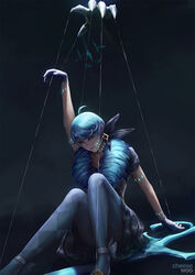  ahoge arm_up artstation_username blue_eyes blue_gloves blue_pantyhose cheesewoo commentary dark_background doll_joints drill_hair earrings female foot_out_of_frame glasgow_smile gloves green_eyes gwen_(league_of_legends) heterochromia highres jewelry joints knees_up league_of_legends lips long_hair looking_down pantyhose puppet puppet_strings purple_eyes scissor_blade_(kill_la_kill) scissors short_sleeves sitting skirt solo swept_bangs twin_drills viego_(league_of_legends) 