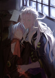  2boys ane_am antonio_salieri_(fate) antonio_salieri_(second_ascension)_(fate) ascot black_gloves blonde_hair blood blood_on_clothes blood_on_hands chair coat coat_on_shoulders commentary_request curly_hair curtains desk expressionless eyes_visible_through_hair fate/grand_order fate_(series) film_grain gloves green_eyes grey_hair hair_between_eyes hair_intakes highres holding holding_sword holding_weapon indoors long_hair male_focus messy_hair multiple_boys paper paper_stack parted_bangs pendant_watch pinstripe_pattern pinstripe_shirt red_ascot shirt short_hair striped sword weapon window wolfgang_amadeus_mozart_(fate) 