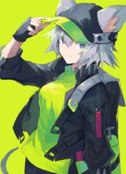  alternate_color animal_ears arknights backpack bag baseball_cap black_gloves black_hat black_jacket blue_eyes breasts click_(arknights) closed_mouth commentary cowboy_shot eyes_visible_through_hair female fingerless_gloves gloves green_background green_shirt grey_hair hand_on_headwear hat jacket looking_at_viewer medium_breasts mouse_ears mouse_tail open_clothes open_jacket sasa_onigiri shirt short_hair simple_background smile solo spiked_hair tail 