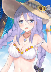  :d bikini black_bow blue_eyes blue_sky bow braid breasts cleavage cloud cloudy_sky commentary day female flower flower_trim hair_between_eyes hairbow halterneck hand_on_headwear hat hat_bow hat_flower hat_ribbon jewelry kohana_(princessxhana) large_breasts long_hair looking_at_viewer navel necklace open_mouth outdoors princess_connect! purple_hair ribbon shizuru_(princess_connect!) shizuru_(summer)_(princess_connect!) sidelocks sky smile solo stomach straw_hat swimsuit twin_braids upper_body white_bikini 