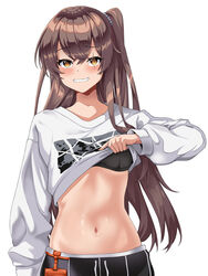  absurdres black_bra bra bra_peek brown_hair clothes_lift crop_top drawstring female girls&#039;_frontline grin highres hoppo lifting_own_clothes long_hair long_sleeves looking_at_viewer midriff navel official_alternate_costume one_side_up orange_eyes scar scar_across_eye shirt shirt_lift simple_background smile solo stomach ump45_(corona_sunset)_(girls&#039;_frontline) ump45_(girls&#039;_frontline) underwear upper_body white_background white_shirt 