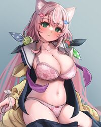  animal_ear_fluff animal_ears blush bra breasts bright_pupils cardigan cat_ears cat_girl cleavage collarbone female green_eyes highres large_breasts long_hair looking_at_viewer low_twintails midriff mori_(pepekataokapepe) navel nijisanji nijisanji_kr panties pink_bra pink_hair pink_panties sailor_collar sitting smile solo twintails underwear very_long_hair virtual_youtuber white_pupils yang_nari yang_nari_(1st_costume) yellow_cardigan 