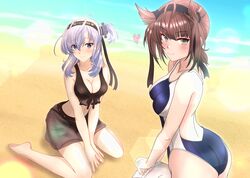  2girls absurdres alternate_costume ass back beach bikini bikini_skirt black_bikini black_headband blue_one-piece_swimsuit breasts brown_hair cleavage clothes_writing collarbone commentary_request competition_swimsuit gradient grey_eyes grey_hair hachimaki hair_between_eyes hair_flaps hairband hatsuzuki_(kancolle) hatsuzuki_(swimsuit_mode)_(kancolle) headband heart highres kantai_collection lifebuoy lips long_hair looking_at_viewer looking_to_the_side medium_breasts multiple_girls nitamako_(sakamalh) official_alternate_costume one-piece_swimsuit one_side_up see-through see-through_skirt short_hair skirt small_breasts suzutsuki_(kancolle) suzutsuki_(swimsuit_mode)_(kancolle) swim_ring swimsuit two-tone_swimsuit water white_one-piece_swimsuit yellow_eyes 