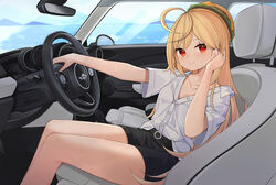  absurdres ahoge black_shorts blonde_hair burger car_interior commentary female food hamburger_hat hand_up hat highres jingburger korean_commentary long_hair looking_at_viewer partially_unbuttoned red_eyes shirt shirt_tucked_in short_shorts shorts sitting smile solo steering_wheel thighs very_long_hair virtual_youtuber waktaverse white_shirt ziro_(zirorong) 