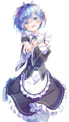  absurdres black_ribbon blue_eyes blue_hair blush breasts commentary detached_sleeves dress female frills hair_ornament hair_over_one_eye hair_ribbon highres kimyo looking_at_viewer maid maid_headdress medium_breasts open_mouth photoshop_(medium) pink_ribbon re:zero_kara_hajimeru_isekai_seikatsu rem_(re:zero) ribbon roswaal_mansion_maid_uniform short_hair simple_background smile solo tears thighhighs white_background white_thighhighs x_hair_ornament 