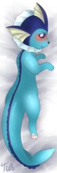  1:3 2023 3_fingers 3_toes absurd_res ambiguous_gender bed bed_sheet bedding black_nose blue_eyes blue_sclera blush body_pillow body_pillow_design cetacean colored dakimakura dakimakura_design dakimakura_pillow digital_drawing_(artwork) digital_media_(artwork) eeveelution facial_markings feet female feral fingers frill_(anatomy) furniture generation_1_pokemon grey_background head_markings hi_res long_tail looking_at_viewer lying lying_on_bed makeup male mammal marine markings membrane_(anatomy) membranous_frill nintendo nude on_bed on_front pawpads pillow pink_paws pokemon pokemon_(species) pupils rear_view seductive shaded signature simple_background slightly_chubby smile smooth_skin solo tail teeth toes twinkworshiper8 vaporeon white_background white_pupils 