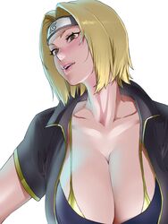  absurdres blonde_hair breasts cleavage collarbone female forehead_protector headband highres huge_breasts konohagakure_symbol looking_to_the_side naruto naruto_(series) short_hair short_sleeves simple_background solo tsunade_(naruto) white_background yellow_eyes yesman_(cvbnyesman) 