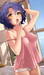  :o absurdres antenna_hair arm_up arms_behind_head bad_id bad_twitter_id bare_shoulders bed bed_sheet blue_hair blue_sky blush breasts camisole cleavage collarbone covered_nipples day female hair_between_eyes hanamasa_ono highres idolmaster idolmaster_million_live! indoors lace lace_panties light_particles medium_breasts nail_polish ocean open_mouth panties pillow plant potted_plant shadow short_hair sky sleeveless solo strap_slip toyokawa_fuka underwear underwear_only water white_panties window yawning yellow_eyes 