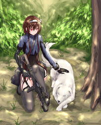  android angled_foregrip asymmetrical_sleeves belt_pouch black_gloves black_leotard blue_jacket brown_hair bush canine cropped_jacket day female folded_hair forest full_body garter_straps girls&#039;_frontline gloves gradient_hair grass grey_thighhighs gun hair_ribbon highres holding holding_gun holding_weapon jacket joints leotard mechanical_arms multicolored_hair nature on_ground on_one_knee optical_sight outdoors petting pouch red_eyes red_hair ribbon robot_joints short_hair_with_long_locks single_mechanical_arm skindentation solo strap thighhighs tied_hair tree trigger_discipline type_79_(girls&#039;_frontline) type_79_smg weapon white_dog white_ribbon yeklsa 