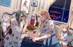  5girls absurdres ahoge alternate_costume alternate_hairstyle animal_ears animal_hands apron blonde_hair closed_eyes english_commentary fake_animal_ears fake_tail floral_print food gloves green_eyes green_hair hair_ribbon highres indoors japanese_clothes kantai_collection kimono long_hair map multiple_girls obi orange_eyes original paw_gloves personification print_kimono red_apron ribbon sash shoukaku_(kancolle) side_ponytail sidelocks tail tiger_ears tiger_tail turkey_(food) twintails uss_enterprise_(cv-6) uss_hornet_(cv-8) uss_yorktown_(cv-5) white_hair white_kimono white_ribbon wide_sleeves yorktown_cv-5 zuikaku_(kancolle) 