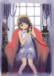  antique_phone armchair bloomers border bow brown_hair cable chair closed_mouth collarbone dress dress_bow female grey_border hair_ornament iwakura_lain phone radio rotary_phone sasaki_bullet serial_experiments_lain short_hair sitting sleeveless sleeveless_dress solo underwear white_bloomers white_dress window x_hair_ornament 