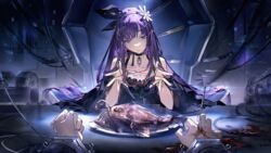  1boy 1other absurdres anglerfish black_dress blood dress fish fork frilled_dress frills hair_ribbon highres injury lithos_(punishing:_gray_raven) long_hair otoko_no_ko pov punishing:_gray_raven purple_eyes purple_hair ribbon yanderenasa 