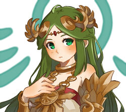  aqua_eyes bare_shoulders circlet closed_mouth female green_hair hand_on_own_chest hand_up jewelry kid_icarus long_hair looking_at_viewer neck_ring necklace nishikuromori palutena parted_bangs simple_background solo straight_hair strapless upper_body very_long_hair white_background 