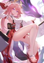  absurdres animal_ears arm_up armpits bare_legs bare_shoulders breasts commentary detached_sleeves earrings feet female fox_ears genshin_impact grin hair_ornament highres japanese_clothes jewelry knee_up large_breasts legs long_hair long_sleeves looking_at_viewer mirufuaa nail_polish obi outstretched_arm pink_hair pink_nails platform_footwear purple_eyes sandals sash sideboob smile solo thighs toenail_polish toenails toes wide_sleeves yae_miko zouri 