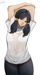  absurdres arms_on_head arms_up black_hair blue_eyes bra bra_visible_through_clothes breasts cleavage dragon_ball dragon_ball_z female gelldraws highres leggings looking_at_viewer medium_breasts see-through see-through_shirt shirt solo stretching twintails underwear videl white_background white_bra white_shirt 