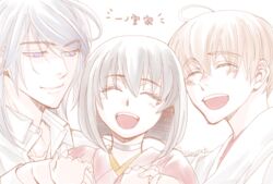  2boys ahoge blush bob_cut choker closed_eyes female happy haruka_(tactics) higashiyama_kazuko holding_hands ichinomiya_kantarou japanese_clothes laughing looking_at_another multiple_boys open_mouth pale_color smile tactics translated twitter_username youko_(tactics) 