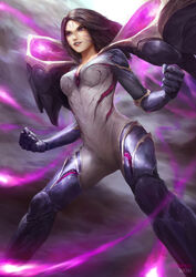  armor artstation_username bodysuit breasts brown_hair cheesewoo clenched_hands energy energy_wings facial_mark feet_out_of_frame female fighting_stance firing floating_hair from_below highres kai&#039;sa league_of_legends long_hair looking_afar looking_ahead medium_breasts parted_lips purple_eyes shoulder_armor smile solo teeth 