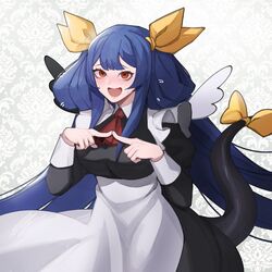  alternate_costume angel_wings apron ascot asymmetrical_wings blue_hair blush collared_dress dizzy_(guilty_gear) dress enmaided female floral_background frills guilty_gear hair_ribbon index_fingers_together kyou_(ningiou) maid maid_apron open_mouth red_eyes ribbon shy solo tail tail_ornament tail_ribbon twintails white_apron white_background white_ribbon wings yellow_ribbon 