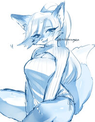  anthro big_breasts biped blue_and_white breasts canid canine cheek_tuft cleavage cleavage_cutout clothed clothing cutout dipstick_ears dipstick_tail ear_markings eye_through_hair eyelashes facial_tuft female female_anthro fluffy fox fox&#039;s_sister_(kinokoningen) hair heart_symbol hi_res kemono keyhole_turtleneck kinokoningen long_hair looking_at_viewer mammal markings monochrome monotone_hair multicolored_ears multicolored_tail open_mouth open_smile ponytail ribbed_clothing simple_background sitting smile solo sweater tail tail_markings topwear translucent translucent_hair tuft turtleneck two_tone_ears two_tone_tail white_background 