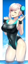  asymmetrical_hair black_one-piece_swimsuit blue_eyes blue_one-piece_swimsuit breasts bun_cover competition_swimsuit covered_navel fate/grand_order fate_(series) female hair_bun hal-bard highleg highleg_swimsuit highres large_breasts long_hair miyamoto_musashi_(fate) miyamoto_musashi_(swimsuit_berserker)_(fate) miyamoto_musashi_(swimsuit_berserker)_(first_ascension)_(fate) multicolored_clothes multicolored_swimsuit one-piece_swimsuit one_eye_closed pink_hair single_hair_bun single_hair_intake single_sidelock solo swept_bangs swimsuit two-tone_swimsuit 