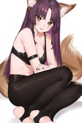  absurdres animal_ear_fluff animal_ears arm_strap bare_shoulders black_bra black_pantyhose bra breasts brown_eyes feet_out_of_frame female fox_ears fox_girl fox_tail highres kamidori_alchemy_meister kohakuren long_hair looking_at_viewer medium_breasts navel neonbeat no_shoes open_mouth pantyhose purple_hair simple_background solo stirrup_legwear stomach strap_gap tail toeless_legwear underwear white_background 