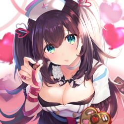  aqua_eyes balloon blush breasts brown_hair chocolate choker cleavage collarbone commentary_request female hair_ribbon hanamori_healthy hat heart_balloon large_breasts long_hair looking_at_viewer melty+ nurse_cap omelet_tomato red_ribbon ribbon solo two_side_up valentine virtual_youtuber white_choker 