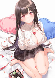  bed black_hair blush box box_of_chocolates breast_hold breasts cleavage collared_shirt commentary_request dress_shirt female hair_ornament hairclip hairpin highres huge_breasts kurasawa_moko large_breasts long_hair mole mole_under_eye open_clothes open_mouth open_shirt original partially_unbuttoned petals pillow pink_eyes shirt sitting skirt solo valentine very_long_hair 