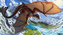  16:9 2020 absurd_res ambiguous_gender day detailed_background digital_media_(artwork) dragon european_mythology feral grass hi_res ice keltaan khyaber_(character) mythological_creature mythological_scalie mythology outside plant red_body red_scales scales scalie sky snow solo sun tail tree valley western_dragon widescreen wings wyvern 