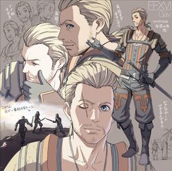  1boy armor beard beard_stubble character_name decoponmagi facial_hair final_fantasy final_fantasy_xvi gav_(ff16) gloves hair_slicked_back highres looking_at_viewer male_focus scar scar_across_eye smile standing stubble sword translation_request weapon 