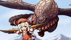  :d ahoge backpack bag bag_charm bazelgeuse bloomers blue_sky boots brown_eyes brown_footwear brown_gloves brown_scarf cabbie_hat charm_(object) chasing cloud cloudy_sky clover_print coat commentary crossover dodoco_(genshin_impact) dragon english_commentary female flying genshin_impact gloves hair_between_eyes hat highres klee_(genshin_impact) knee_boots light_brown_hair long_hair looking_at_viewer low_twintails monster_hunter:_world monster_hunter_(series) mountain open_mouth orange_eyes outstretched_arms pocket pointy_ears randoseru red_coat red_hat richter_h scarf sidelocks sky smile solo spread_arms trait_connection twintails underwear wind_glider wings wyvern 