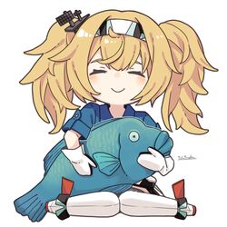  artist_name blonde_hair blue_shirt closed_eyes closed_mouth collared_shirt commentary_request facing_viewer female fish full_body gambier_bay_(kancolle) gloves hairband ichiroku_(sakumogu-029) kantai_collection long_hair oversized_object shirt simple_background sitting smile solo thighhighs twintails wariza white_background white_gloves white_thighhighs 