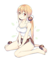  bare_arms bare_shoulders barefoot blonde_hair blush breasts brown_eyes brown_shorts camisole chinese_commentary collarbone commentary_request female full_body hair_between_eyes hair_bobbles hair_ornament hatsunatsu long_hair looking_at_viewer low_twintails medium_breasts midriff navel parted_lips shadow short_shorts shorts sidelocks simple_background sitting solo twintails very_long_hair wariza white_background white_camisole xiaoyuan_(you_can_eat_the_girl) you_can_eat_the_girl 