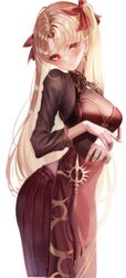  absurdres alternate_costume blonde_hair blush breasts chiachun0621 closed_mouth commentary dress earrings ereshkigal_(fate) ereshkigal_(youming_niangniang)_(fate) fate/grand_order fate_(series) female gold_earrings hair_ribbon head_tilt highres jewelry long_hair medium_breasts meslamtaea_(weapon) pelvic_curtain raised_eyebrows red_dress red_eyes red_ribbon ribbon simple_background solo two_side_up very_long_hair vietnamese_dress white_background 