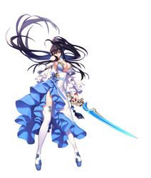  bare_shoulders black_hair blue_eyes boots breasts cleavage commentary dress earrings female full_body gold_trim highres holding holding_weapon jewelry large_breasts lips long_hair looking_at_viewer mmlyno original plunging_neckline side_slit simple_background solo standing strapless strapless_dress sword thigh_boots thighhighs tied_hair very_long_hair weapon white_background white_dress white_footwear wide_sleeves 