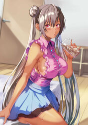  absurdres bikini_tan blue_skirt blurry blurry_background blush breasts brown_hair commentary_request cup disposable_cup door double_bun dress_shirt drinking drinking_straw female hair_between_eyes hair_bun hand_up highres holding holding_cup indoors large_breasts layered_skirt long_hair looking_at_viewer on_bed original pink_eyes pink_shirt shirt sideboob sitting skirt sleeveless sleeveless_shirt solo sweat tan tanlines uchida_shou very_long_hair 