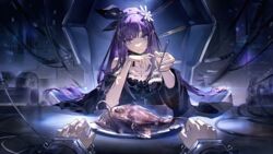  1boy 1other absurdres anglerfish black_dress dress fish fork frilled_dress frills hair_ornament hair_ribbon hairclip highres holding holding_fork lithos_(punishing:_gray_raven) long_hair otoko_no_ko pov punishing:_gray_raven purple_eyes purple_hair ribbon thread yanderenasa 