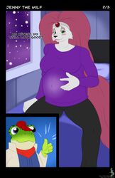  2020 amphibian anthro blush bucky_o&#039;hare_(series) clothing digital_media_(artwork) domestic_cat duo english_text felid feline felis female frog hi_res jenny_(bucky_o&#039;hare) jorge-the-wolfdog male male/female mammal nintendo pregnant pregnant_anthro pregnant_female slippy_toad star_fox text toad_(frog) 