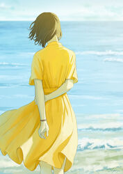  arms_behind_back beach brown_hair cloud commentary_request day dress female from_behind highres horizon ocean original outdoors papi_(papiron100) short_hair signature sky solo watch water waves wind wristwatch yellow_dress 