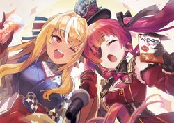  2girls alcohol backlighting black_gloves blonde_hair blurry blurry_foreground blush bow bowtie breasts brooch checkered_bow checkered_clothes cup dark-skinned_female dark_skin depth_of_field detached_sleeves drill_hair drill_sidelocks drunk elf eyepatch flower food_wrapper from_below glass gloves gold_trim gothic_lolita hair_intakes hair_ribbon hairbow hat holding holding_cup holding_hands hololive houshou_marine houshou_marine_(gothic_lolita) ice ice_cube inoki-08 interlocked_fingers japanese_clothes jewelry kimono large_breasts lolita_fashion long_hair microphone mini_hat multicolored_hair multiple_girls music obi oerba_yun_fang official_alternate_costume one_eye_closed open_mouth pointy_ears red_eyes red_hair red_sleeves ribbon ringlets rose sash shiranui_flare shiranui_flare_(new_year) sidelocks singing sparkle_background streaked_hair teeth top_hat twintails underbust upper_body very_long_hair virtual_youtuber yellow_background 