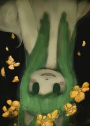  anthro black_background black_nose blush canid canine defying_gravity fangs female flower fur green_eyes green_hair hair hi_res hooki mammal mori_(vb00) open_mouth plant simple_background smile solo tail tan_body tan_fur tan_tail teeth unfinished upside-down yellow_flower 