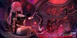  artist_name balcony bare_tree basket bird_skull blunt_bangs bottle breasts cape character_name cleavage cup dolphenry drinking_glass earrings female grey_thighhighs grin highres hololive hololive_english indoors jewelry large_breasts long_hair mezzanine microphone microphone_stand mori_calliope mori_calliope_(1st_costume) pillar pink_eyes pink_hair railing red_sky red_theme rotunda ruins scythe shoulder_spikes sidelocks sitting skull sky skylight skylight_(architecture) smile solo spikes statue thighhighs tiara tray tree veil very_long_hair virtual_youtuber wine_bottle wine_glass 