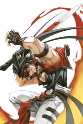  1boy absurdres black_gloves brown_eyes brown_hair dong_hole english_text fingerless_gloves fire fireseal gloves grin guilty_gear guilty_gear_x guilty_gear_xx highres holding holding_weapon jacket male_focus muscular muscular_male pectoral_cleavage pectorals red_jacket simple_background smile sol_badguy solo sword weapon white_background 