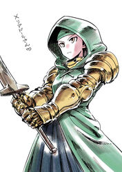  armor breasts brown_eyes cloak closed_mouth female final_fantasy final_fantasy_tactics gauntlets gloves headband hood knight meliadoul_tengille simple_background solo sword tukiwani weapon white_background 