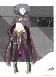  advance_wars afro automatic_giraffe black_hair book breasts bridal_gauntlets cape company_connection crossover dark_mage_(fire_emblem_fates) female fire_emblem highres lash_(advance_wars) looking_at_viewer midriff navel pantyhose small_breasts solo standing 