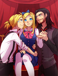  2boys alternate_costume artist_name black_hair black_pants black_shirt blonde_hair blue_bow blue_dress blue_eyes blush bow bowtie curtains dress earrings ezreal female hairbow holding_hands jewelry league_of_legends long_hair long_sleeves lux_(league_of_legends) medium_hair multiple_boys pants pantyhose parted_lips pink_bow pink_bowtie shirt short_hair straight striped_clothes striped_vest suspenders sylas_(league_of_legends) teeth vest vmat white_legwear white_shirt 